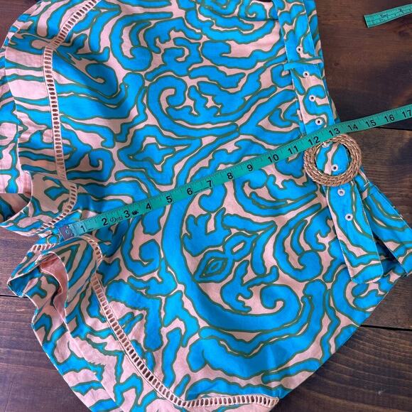 Anna Cate Lizzie Short Teal Peach Block Print Belted Cotton Summer Women's Small - Picture 14 of 14